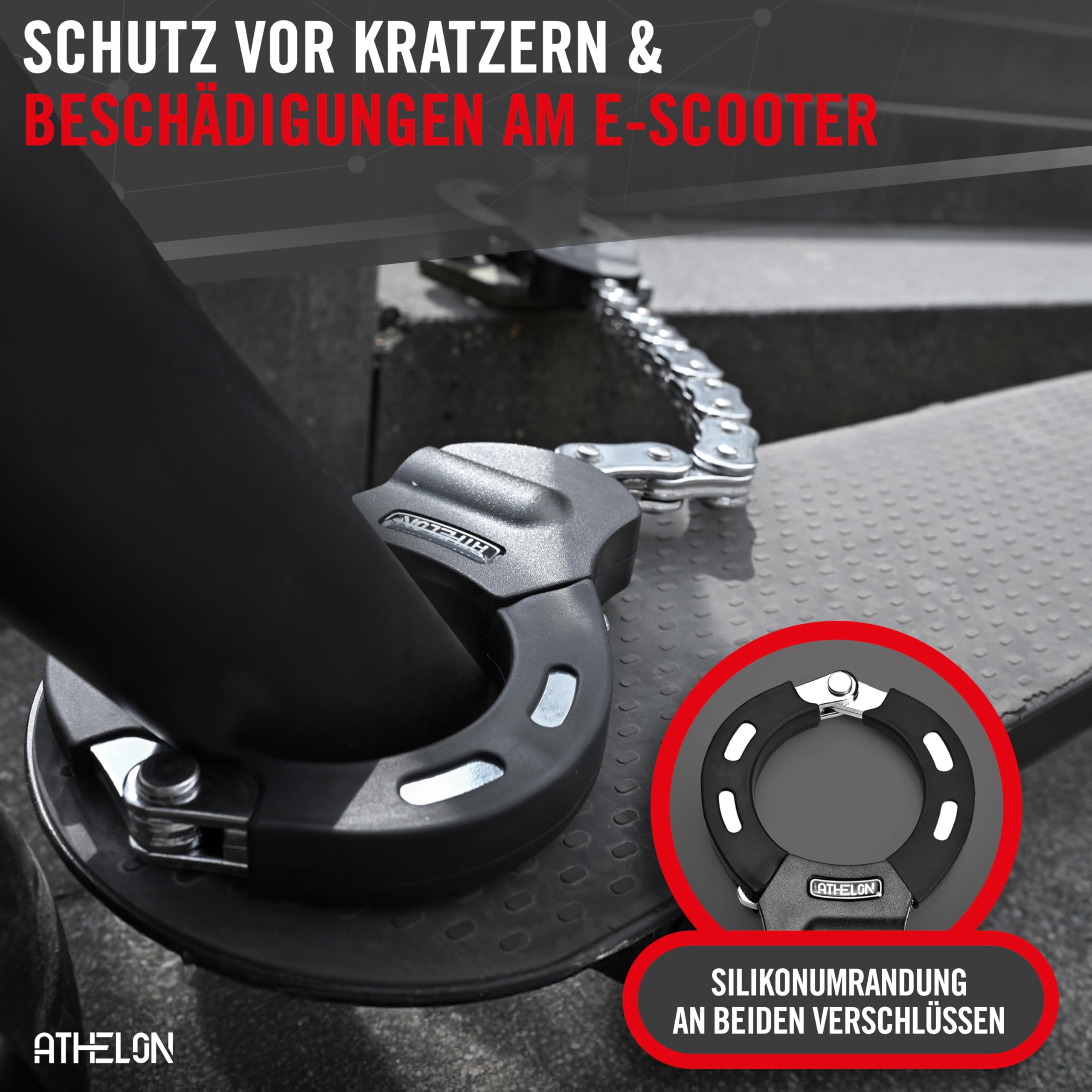 ATHELON Candado para patinete eléctrico (extra seguro), largo y resistente a los cortes, con protección contra arañazos, incluye accesorios [funda y 4 llaves] – para scooter, bicicleta, remolque o