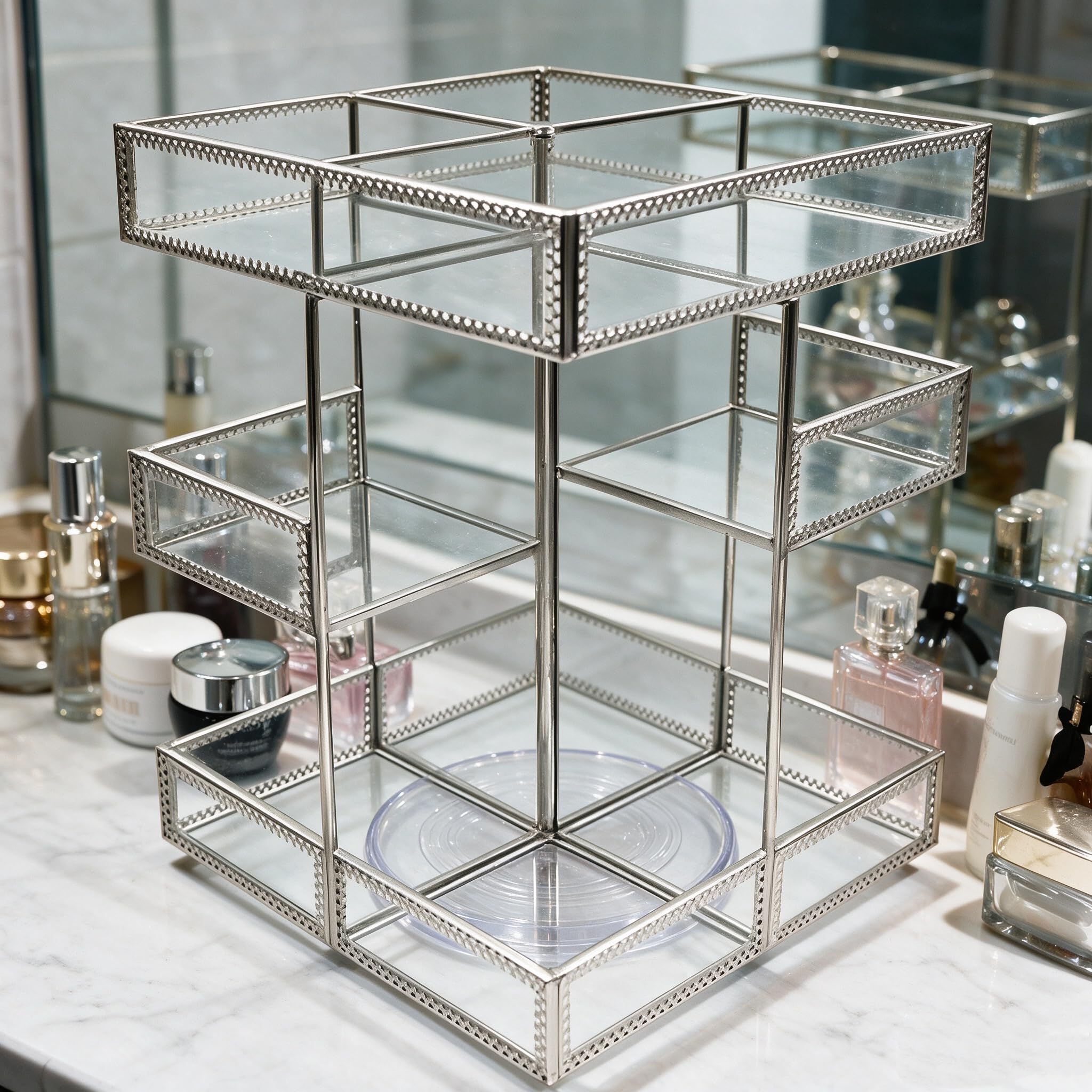 Organizador de cosméticos de rotación de 360 grados, almacenamiento de maquillaje premium con base giratoria, almacenamiento de cosméticos antiguo para encimera, gran capacidad, exhibición de
