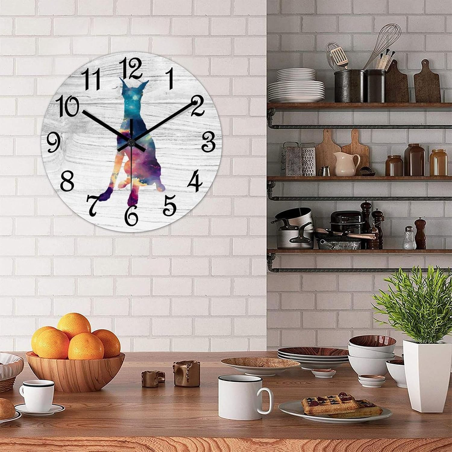 Decorative Wall Clock Doberman Wall Clock Pet Dog Wooden Clocks Silent Battery Operated 15 Inch Shabby Chic Retro Round Clock for Kitchen Bedroom Office