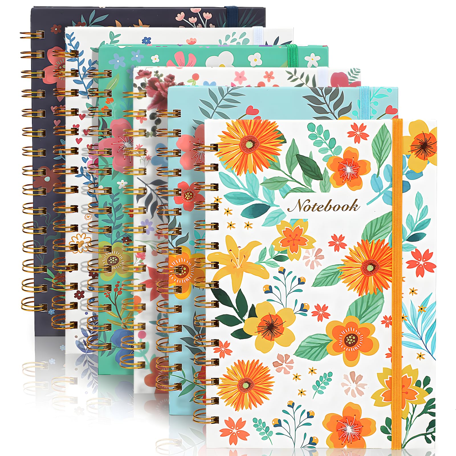 Coopay Paquete de 6 cuadernos en espiral A5 para mujer, cuadernos de composición con rayas universitarias, diario en espiral de tapa dura, lindo florecimiento, suministros de oficina, escuela