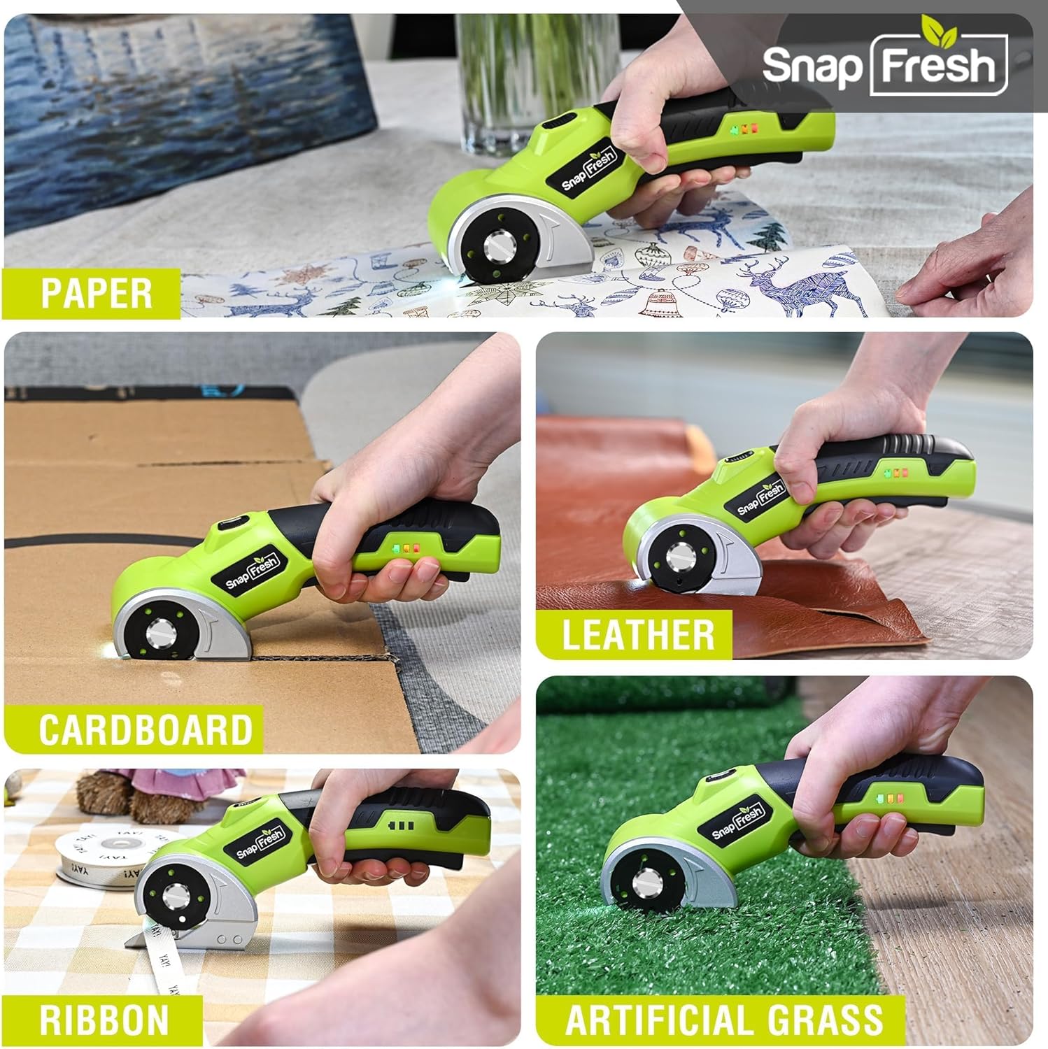 Collage showing the SnapFresh Electric Scissors cutting various materials: paper, leather, cardboard, ribbon, and artificial grass.