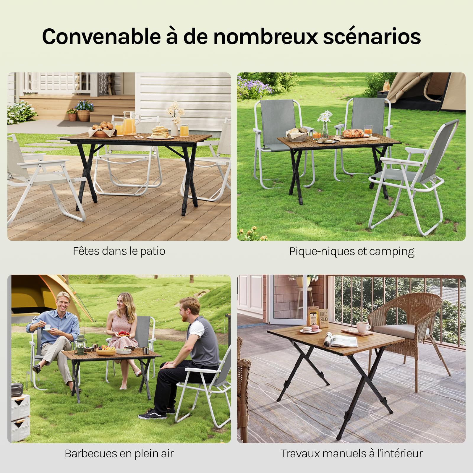 WOLTU Table Camping Pliante, Table Pliante Extérieure, Hauteur Réglable, Portable, Léger, Sac de Rangement, en Aluminium, pour Jardin, Pique-Nique, Charge 50kg, Chêne Clair