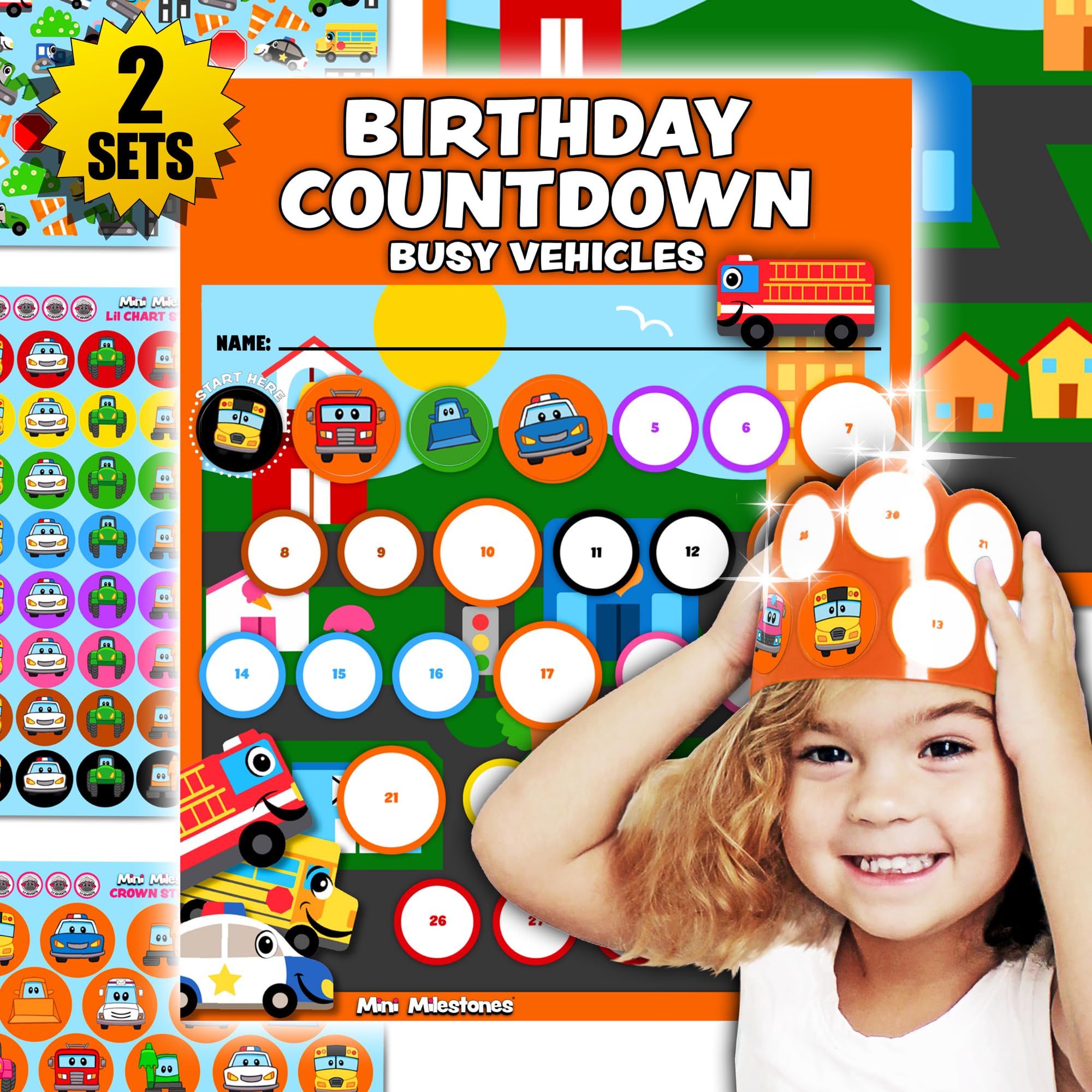 PK Busy Vehicles Sticker Birthday Countdown Advent Calendar for Kids 18m+ Countdown to Christmas for Toddlers, Vacation, Party or School with Activity