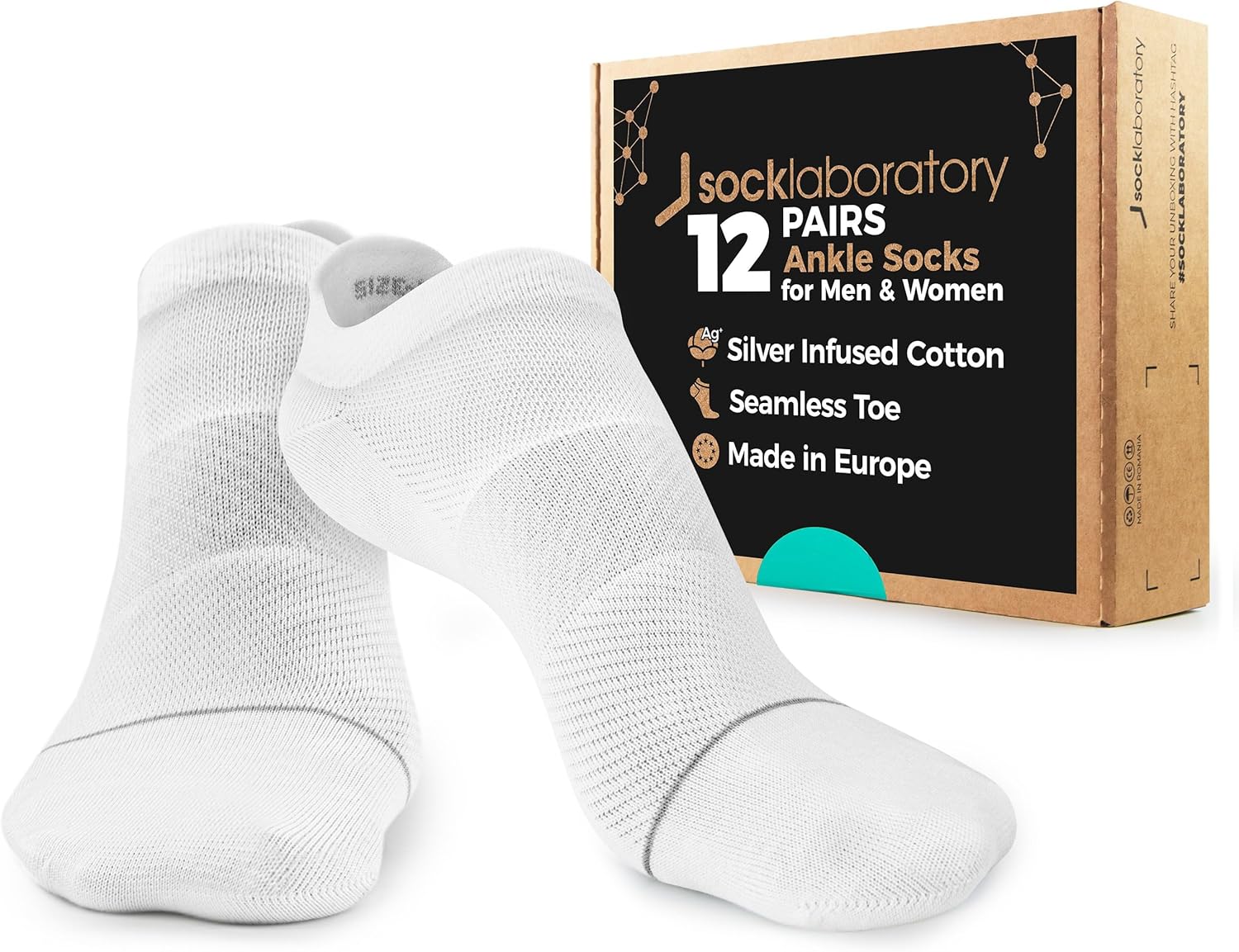 Ankle Socks - Silver Infused Cotton - Odor Resistant, Breathable - White/Black/Monochrome