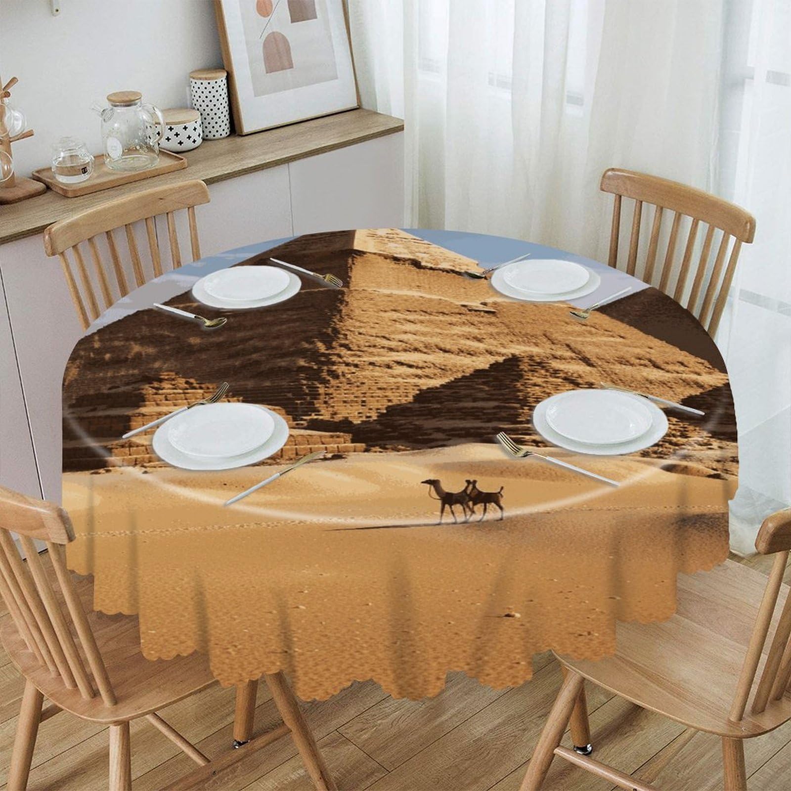 VstaDank Ancient Egypt Pyramid Round Tablecloth 60 Inch Easy to Clean Circle Table Cover Thick Decorative Round Polyester Table Cloth for Dining Kitchen Party Farmhouse Outdoor
