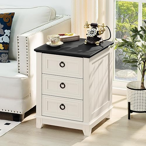 Miniatura 23 de Juego de 2 mesitas de noche estilo granja de 18" con estación de carga, cómoda con mesa auxiliar de 2 cajones para dormitorio, mesita de noche de