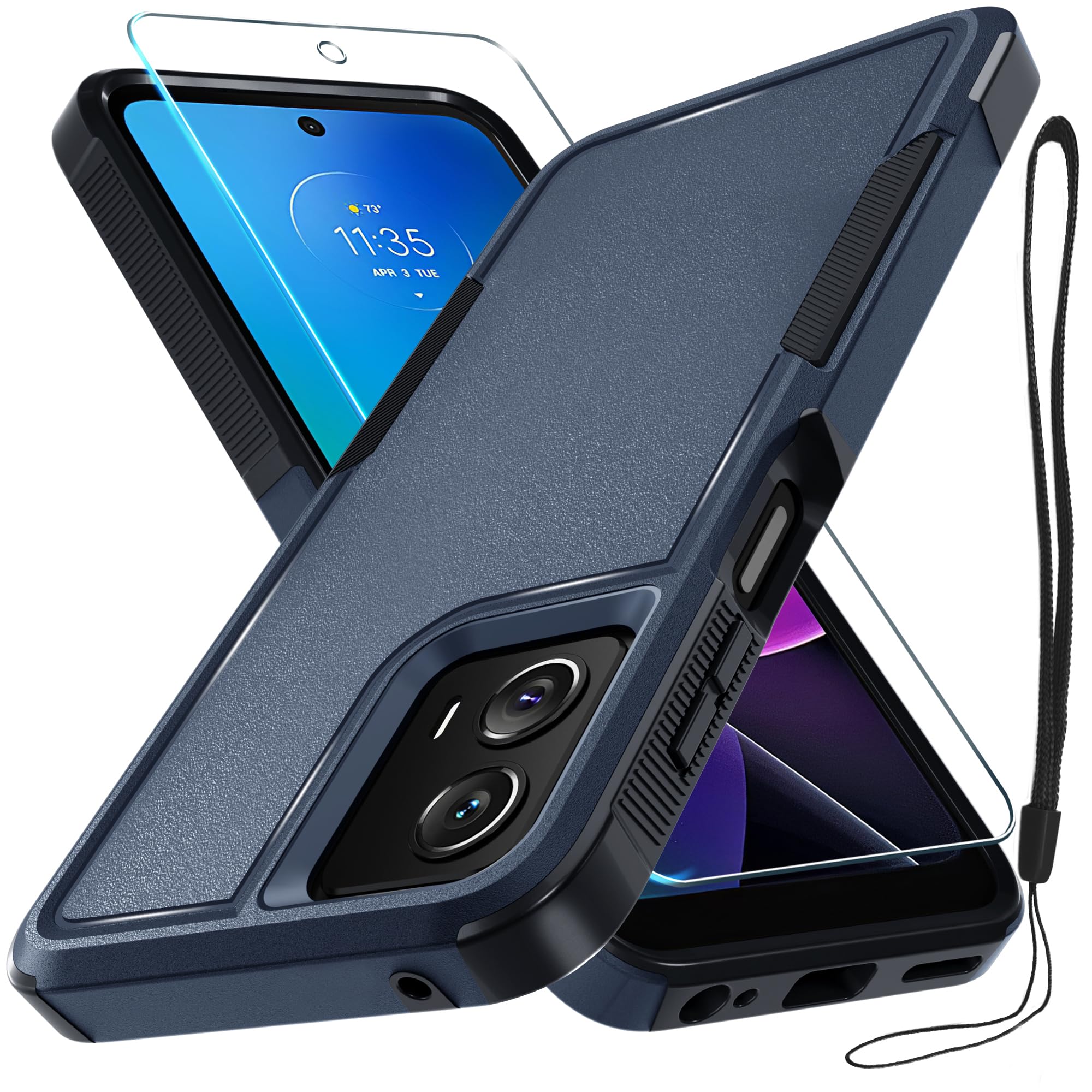 RMOCR for Motorola Moto G Power 5G 2024 Case, Full Body Heavy Duty Rugged Shockproof Protective Phone Cover with Lanyard Strap, Tempered Glass Screen Protector,Navy Blue
