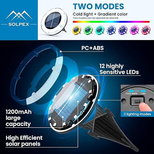 Miniatura 3 de SOLPEX Luces solares impermeables para exteriores, luces solares multicolor, 12 LED, 2 modos de iluminación, iluminación solar de paisaje para