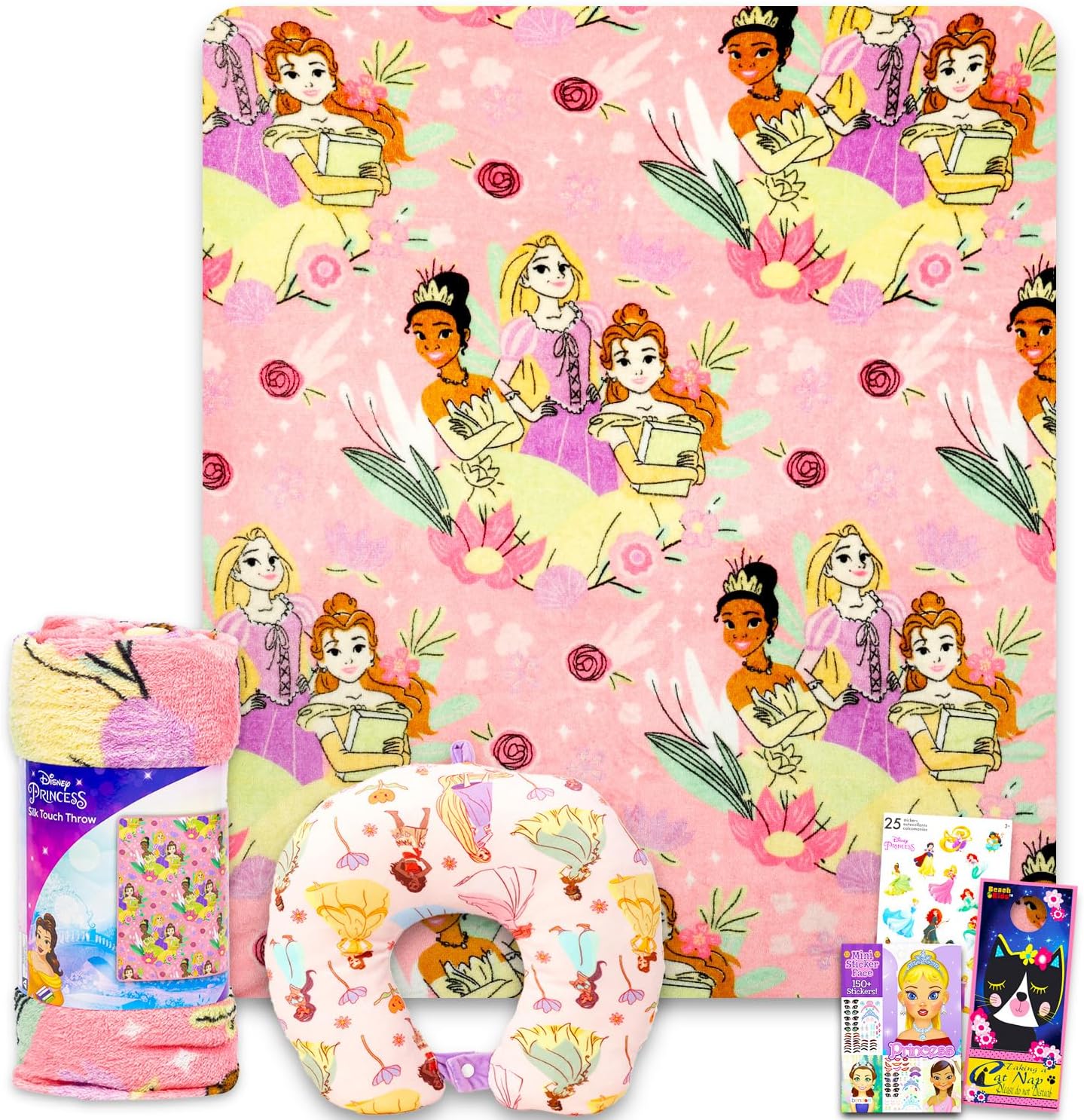 Disney Princess Travel Blanket and Pillow Set - Bundle with 40"x 50" Belle, Tiana, Rapunzel Throw Blanket, Neck Pillow, Stickers, More | Disney Princess Travel Accessories for Kids, Girls