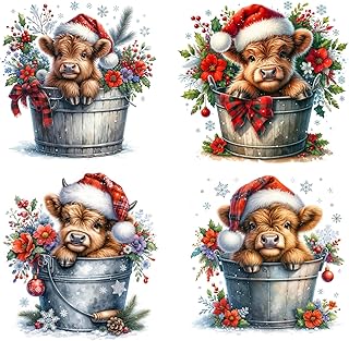 4 Piece 6"x6" Christmas Highland Cows 100% Cotton Fabric Panel Squares