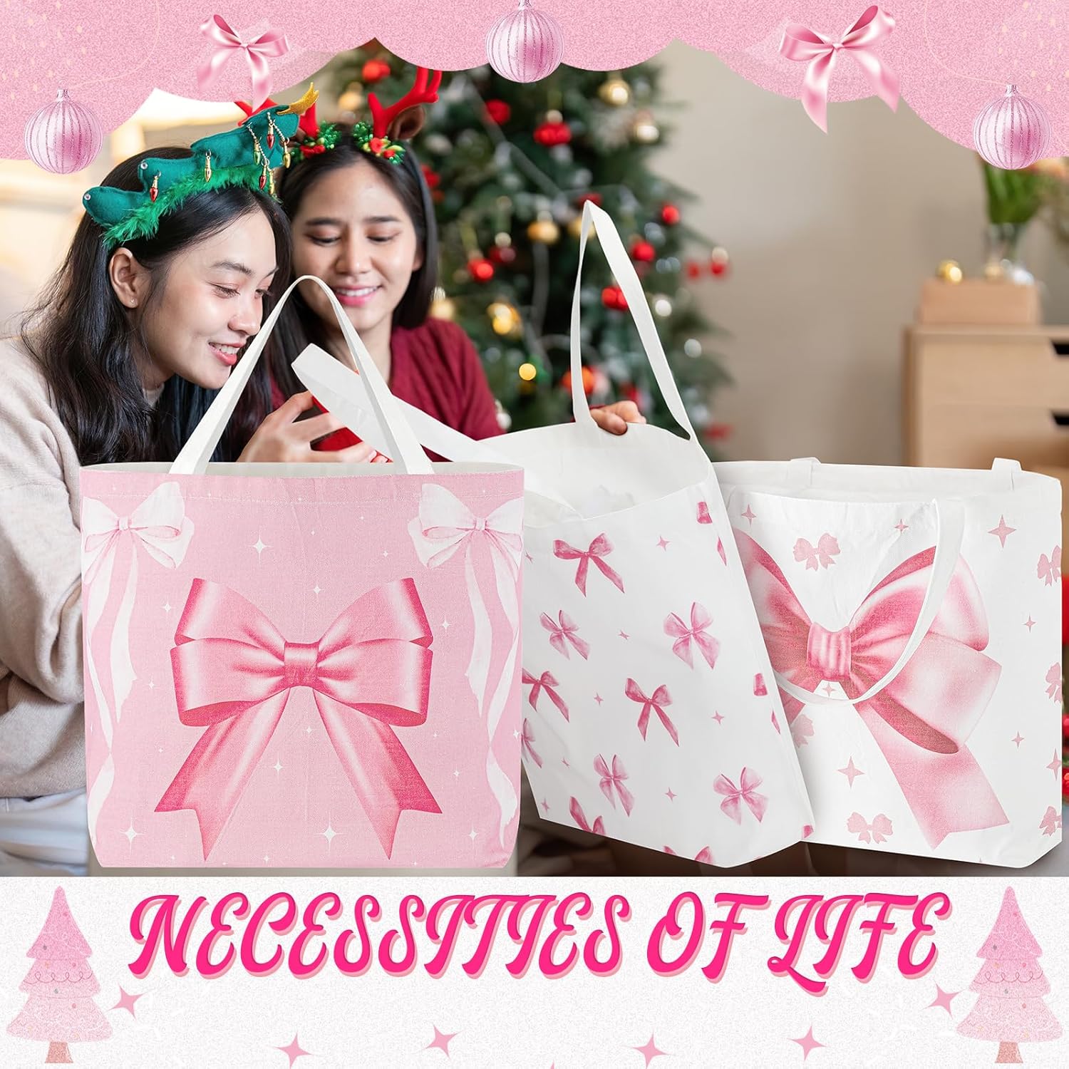 10 Pcs Pink Bow Canvas Tote Gift Bag Coquette Aesthetic Valentine Day Tote Gift 18.5x14.9in Large Reusable Lovers Book Club Shopping Bags with Handles for Birthday Party Women Favors - Image 5