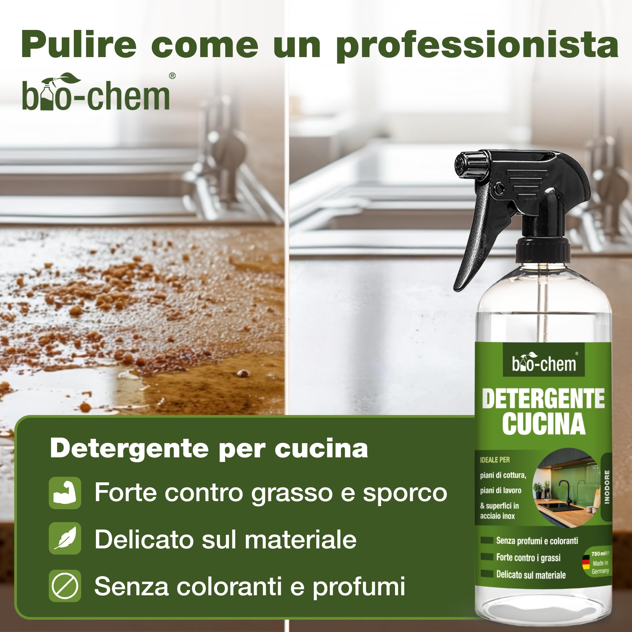 bio-chem Set di 6 prodotti per la pulizia della cucina e del forno | Detergente per forni, padelle e pentole - Prodotti per le superfici della cucina - Panno in microfibra e spugna inclusi