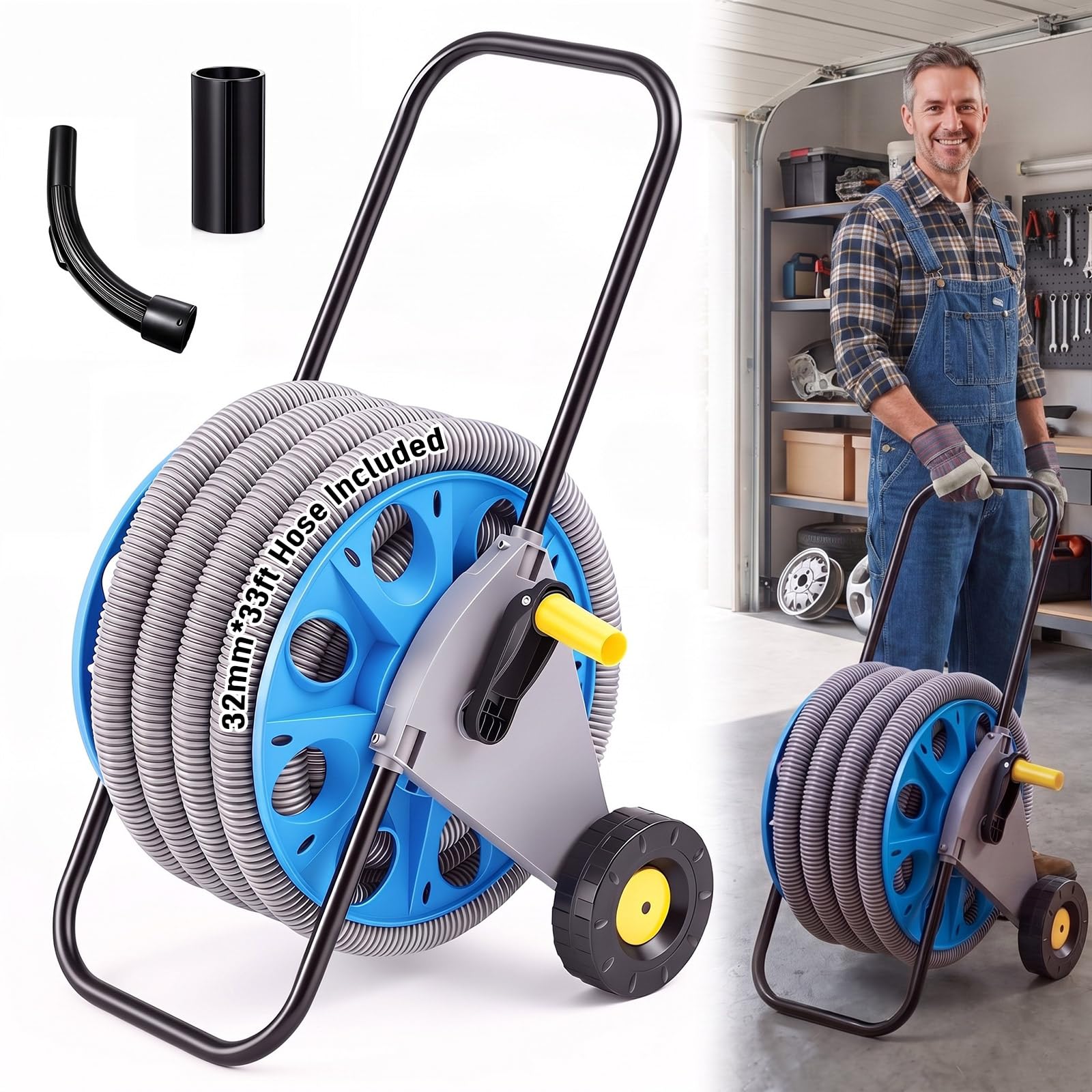 BBTO Tragbare Vakuumschlauchtrommel mit Rädern, 90 cm Verlängerungsschlauch-Set für 32 mm Staubsauger, mobile Aufbewahrungsrolle mit 2 Reinigungszubehör für Garage, Werkstatt, Haus und Auto Reinigung