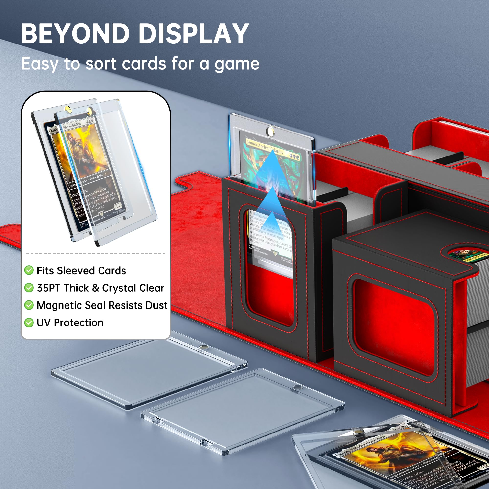 Commander Deck Box - Caja de almacenamiento 5 en 1 para más de 400 tarjetas con ventana de visualización, cubierta extraíble, bandeja de dados para tarjetas coleccionables TCG y PTCG (rojo)