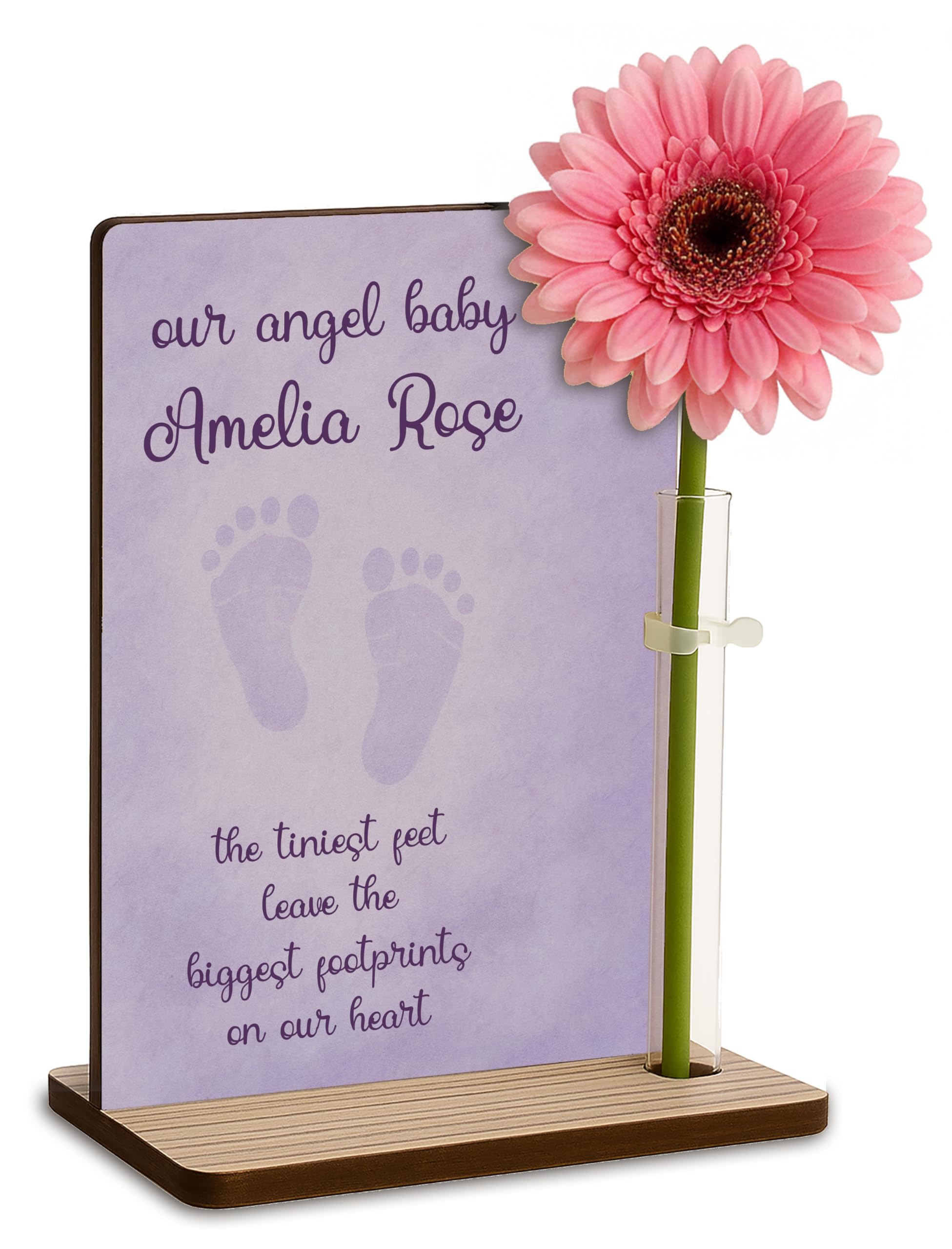 The Plum Penguin Tiny Feet (Lilac) Personalised Baby Loss Memorial Wooden Plaque With Artificial Flower Miscarriage Remembrance Angel Baby Keepsake Ornament Gift (Tiny Feet (Lilac))