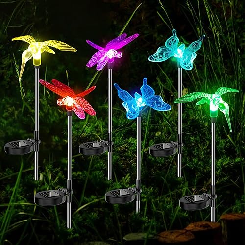 Anordsem Paquete de 6 luces de jardín para decoración al aire libre, con energía solar, mariposa, libélula y colibrí, decoración para patio