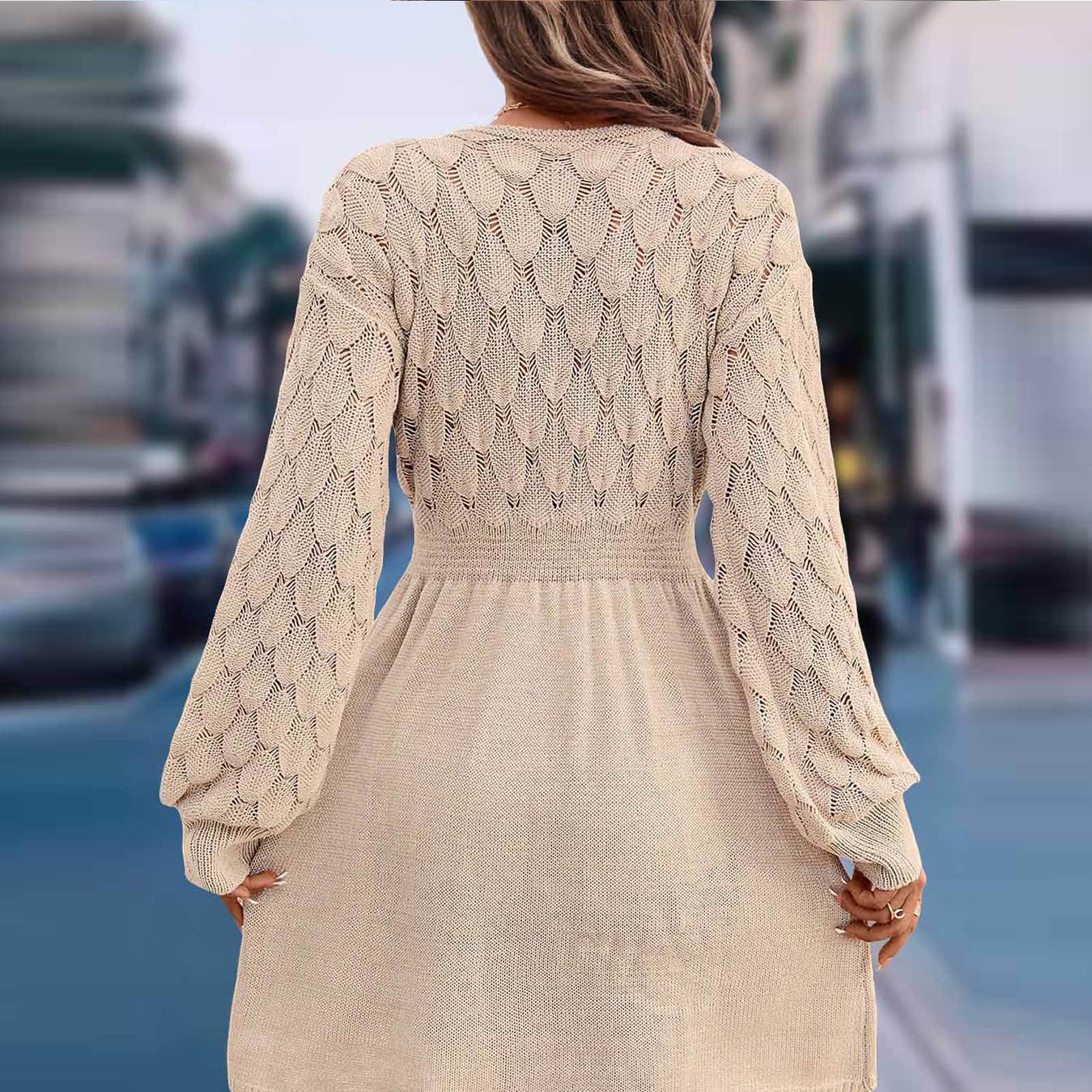 Damen Strickkleid Langarm Pulloverkleid Damen Winter Kurz A Linie Winterkleid Elegant V Ausschnitt Strickkleider Cut Out Kleid Hohe Taille Damenkleider Schicke Kleider Strick Pullikleid Kurze