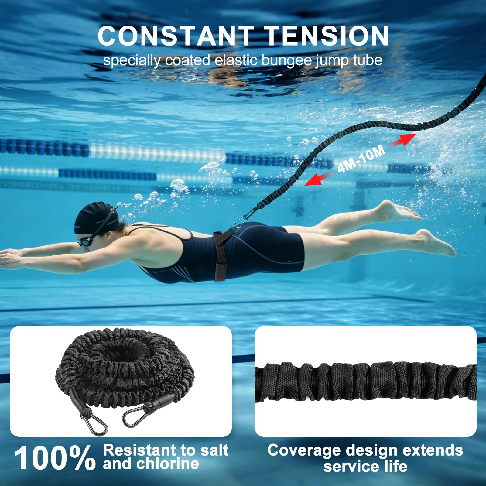 4-10M Cintura di Resistenza Regolabile, Accessorio di Piscine | Cintura da Nuoto per Piscina, Corda da Allenamento per Elastico da Nuoto, Cinture da Allenamento per la Nuotata Adulti