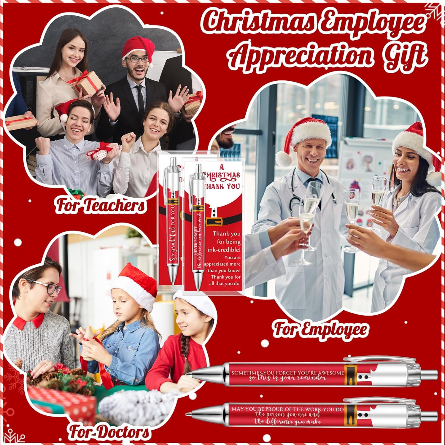 Kosiz 50 Set Christmas Appreciation Gifts for Coworkers Santa Claus Inspirational Ballpoint Pens with Christmas Thank You Cards Motivational Pen for Xmas Party Favor Employee Team Teacher, 10 Styles