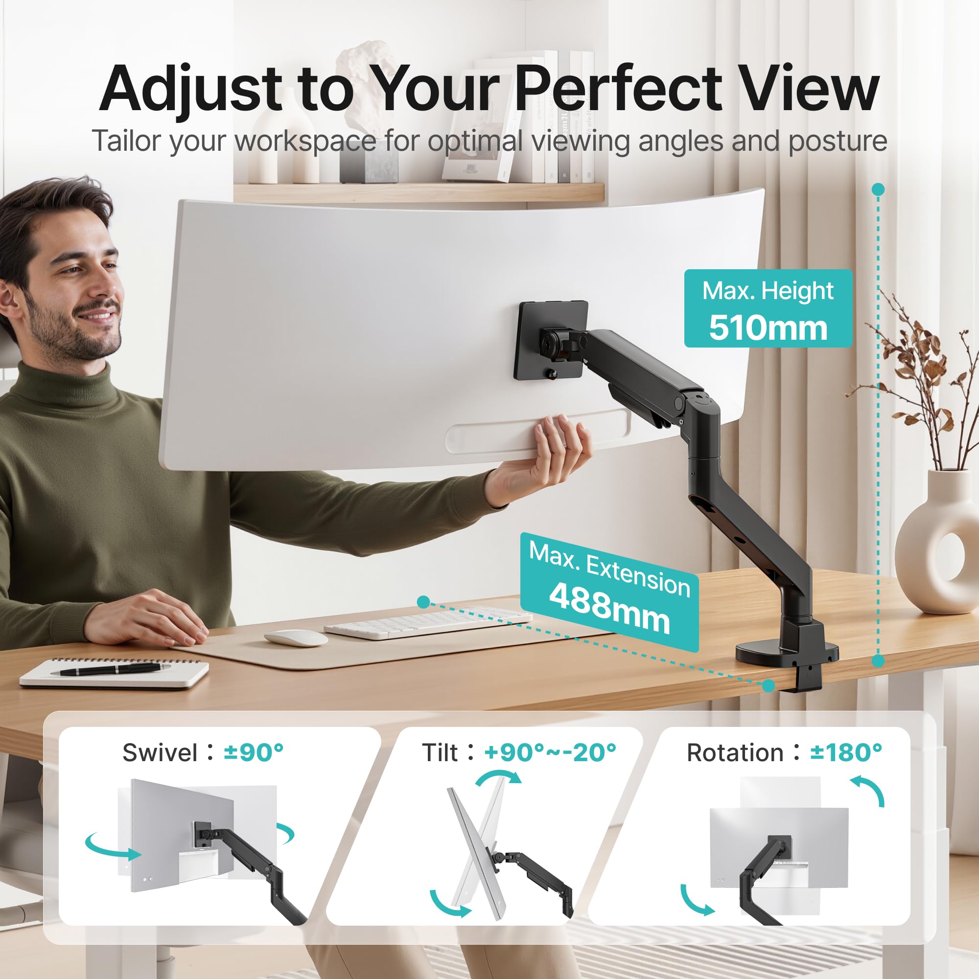 PEGZONE braccio monitor 17–49", 20 kg, molla a gas, nero | Ultrawide - Supporto da tavolo per monitor piatto e curvo, regolabile in altezza, VESA 75/100 mm, guida cavi
