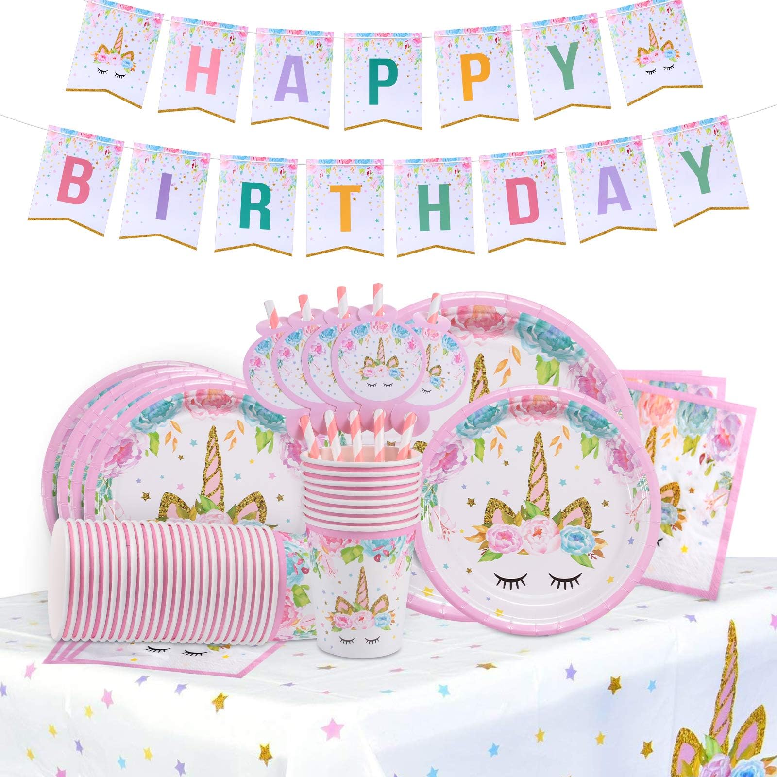 Rainbow Unicorn Party Supplies Set - Serves 25 - Including Unicorn Banner, Plates, Cups, Napkins, Straws and Tablecloths