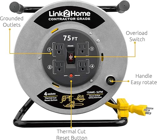 Amazon Com Link2home Contractor Grade Metal Cord Reel 75 Ft Extension Cord 4 Power Outlets 12 Awg Sjtw Cable Heavy Duty High Visibility Power Cord Everything Else Amazon Com Link2home Contractor Grade Metal Cord Reel 75 Ft Extension Cord 4 Power Outlets 12 Awg Sjtw Cable Heavy Duty High Visibility Power Cord Everything Else