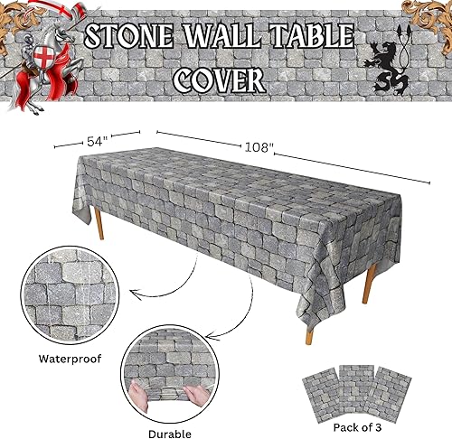 Miniatura 2 de Fundas de mesa de pared de piedra (paquete de 3)  54 x 108 pulgadas XL  Decoraciones de fiesta medieval, suministros de fiesta temática de