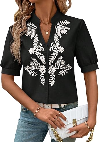 Womens Floral Embroidered V Neck Boho Short Sleeve Linen Shirts Loose Summer Blouses Tops Fashion Clothes 2025