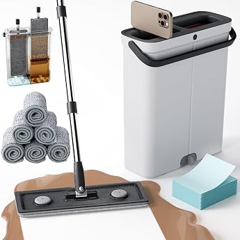 Compact Mop Set with Bucket Flat Floor Mop with Wring Function Wet & Dry Mop for Home Apartment RV Window Wall Wood & Vinyl Floor Includes Standard [Single Scraper+6 Pads]