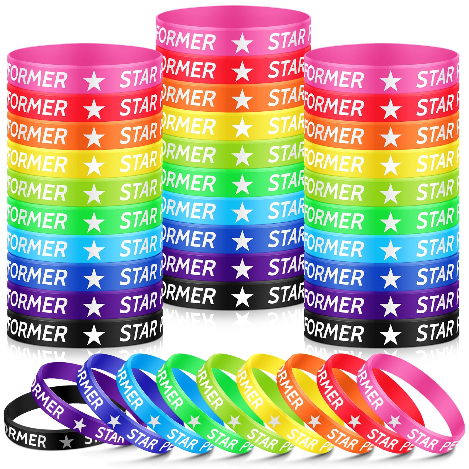 Soulchen 50 Pcs Star Performer Bracelets Star Student Rubber Wristbands 10 Color Reward Silicone Bracelets for Education Activities Student Kids School Classroom Teacher Recognition Award