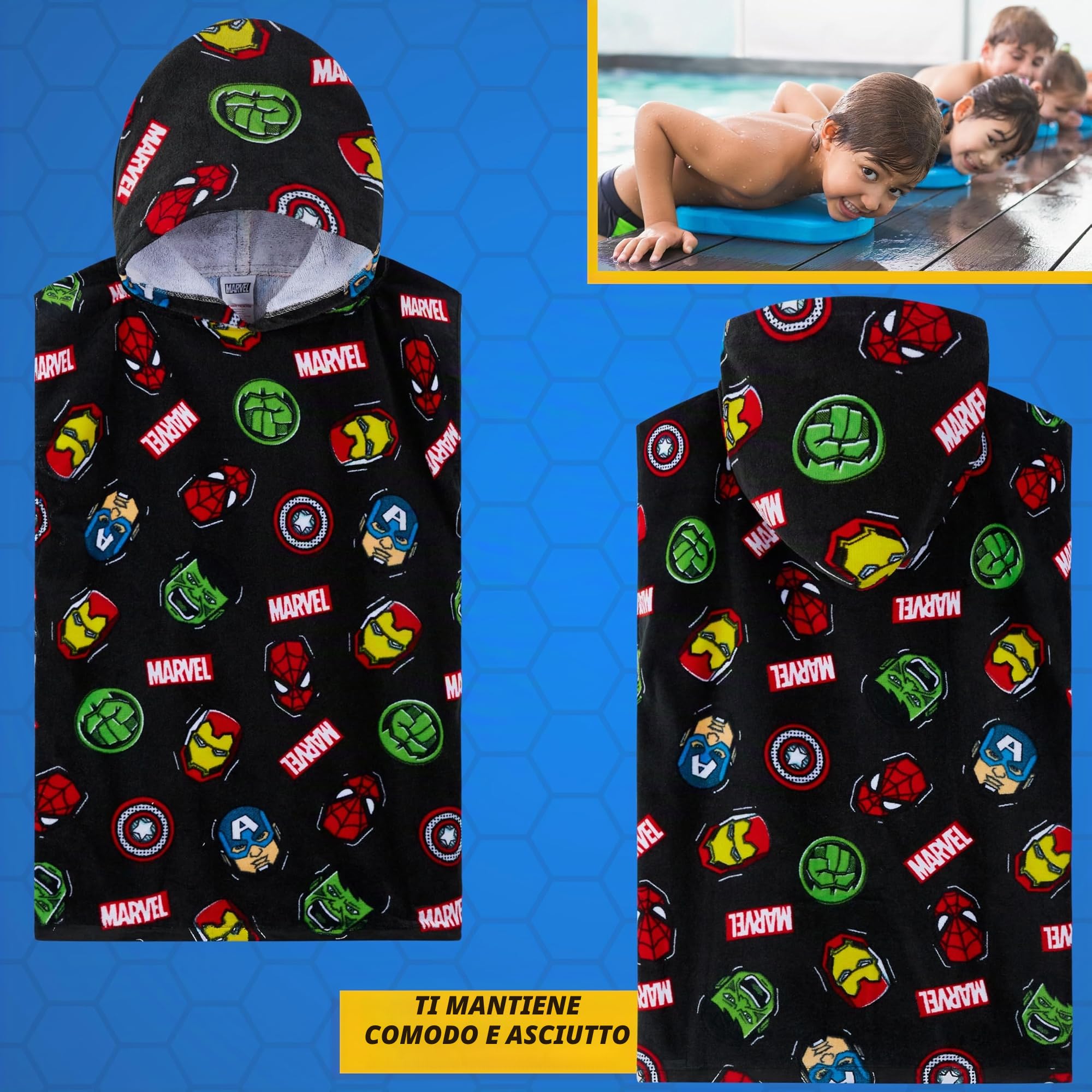 Marvel Spiderman Asciugamani Bagno con Cappuccio Ragazzi Poncho Bambino Telo Mare Bambini (Multiplo Avengers, 10-13 Anni)