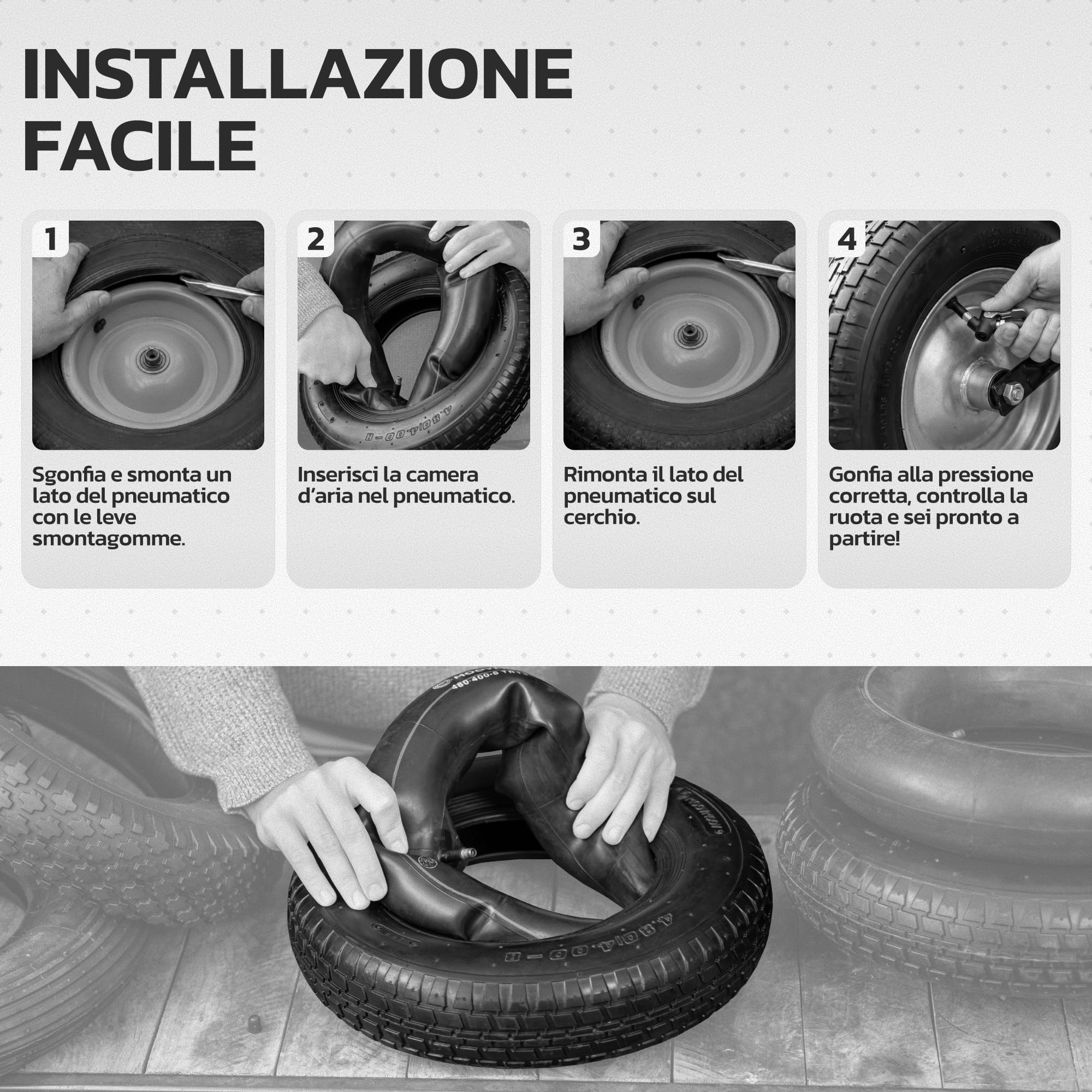MOOVMOOV Pneumatico 4.80/4.00-8 con Camera d'aria Valvola Diritta TR13 - Gomma per Carriola Rinforzata 400x100 - Installazione Semplice e Veloce - Compatibile con Ruota 4.80 4.00-8 - Non Highway Speed
