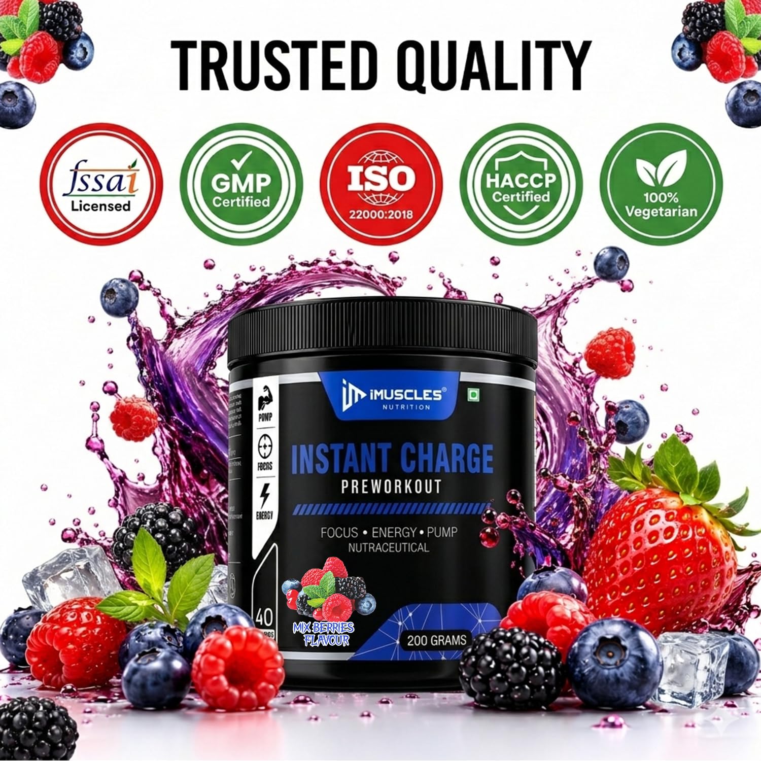 Instant Energy Pre Workout (200gm, 40 Servings, Mix Berries) Supplement Powder with Creatine Monohydrate, Arginine, Beta-Alanine, Electrify Muscle Pump, for Men, Women — Amazon image 5
