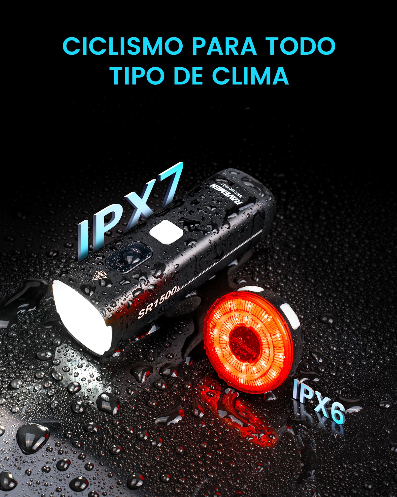 RAVEMEN SR1500 Luces Delanteras y Traseras para Bicicleta, Conjuntos de Faros Delanteros y Traseros Inteligentes, 1500 Lúmenes Recargable USB C IPX7 para Ciclismo de Montaña, Carretera y Urbano