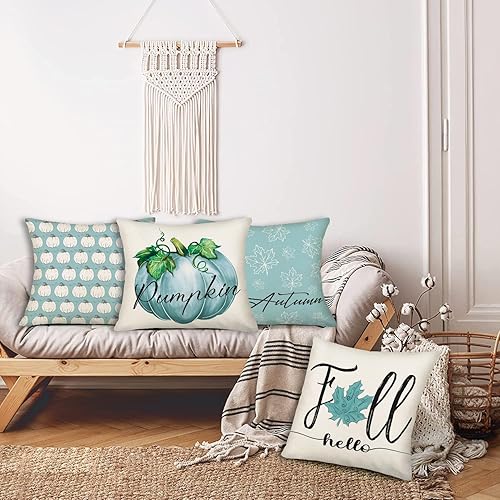Miniatura 4 de Juego de 4 fundas de almohada azules de otoño de 18 x 18 pulgadas para decoración de otoño, calabaza y hojas de arce para exteriores, almohadas