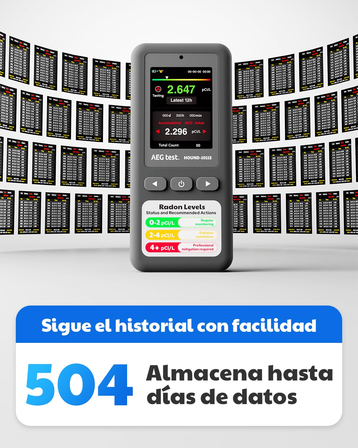 HOUND-1011S Detector de radón portátil, Sensor de Alta precisión para el hogar, Ligero, Alarmas sonoras y visuales, Monitoreo a Largo Plazo, Probador de radón fácil de Usar en pCi/L o Bq/m³
