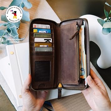 BERLINER BAGS Genuine Leather Zip Wallet Women Margo, Gift Box Brown | Soft Leather Zip Around Wallet, Fit up to Phone 6.9, 12 Card Slots, 1 ID Window, 1 Coin Pocket, RFID Blocking