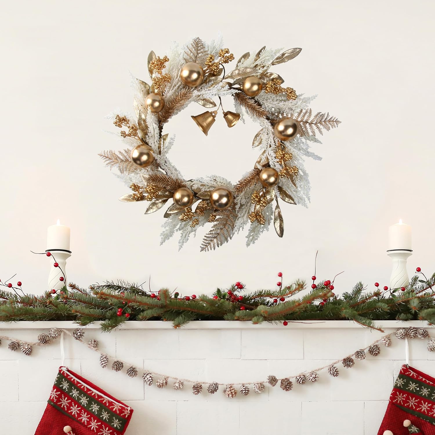 20" Gold Christmas Wreaths for Front Door, Gold Berry Leaves Bells Balls Xmas Wreath with White Fake Pampas Grass, Door Reef for Windows Fireplaces Walls, Front Porch Indoor and Outdoor - Image 4