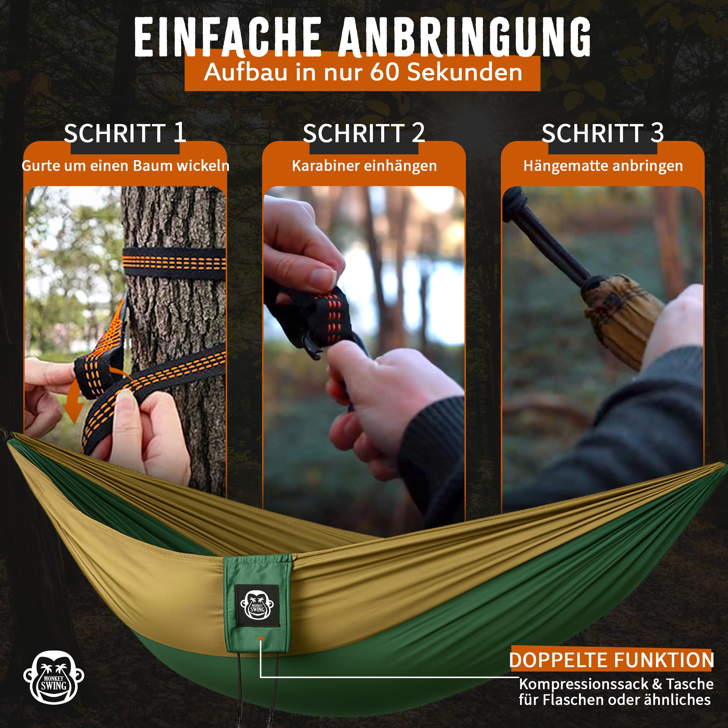 Hängematte Ultraleicht inkl. Karabiner & Schwerlastgurten (bis 300  kg belastbar, 275 x 140 cm) – ideal für Camping, Outdoor, Trekking & als Reisehängematte (Grün/Khaki)