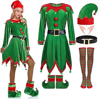 Elf Costume for Women Christmas Halloween Party Cosplay Dress 6 Packs Santa's Helper Costume Christmas Outfit Elf Hat Shoe...