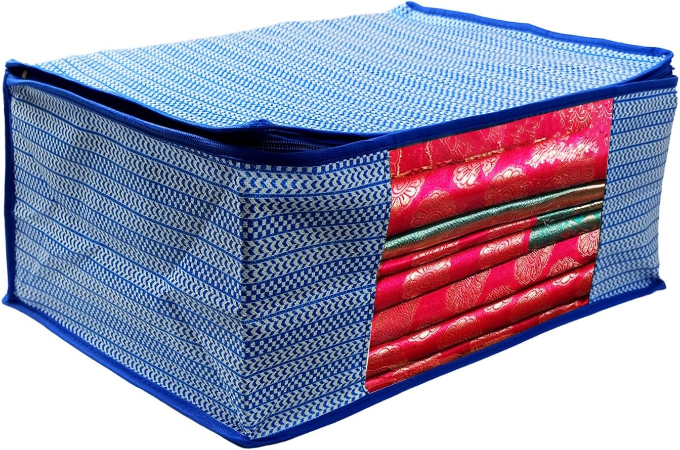 ANKIT INTERNATIONAL Saree Cover Storage Bags Pack of 03 – Non Woven Foldable Clothes Storage Organizer with Zipper & Clear Window, Wardrobe Garment Storage for Sarees, Dresses (Blue)