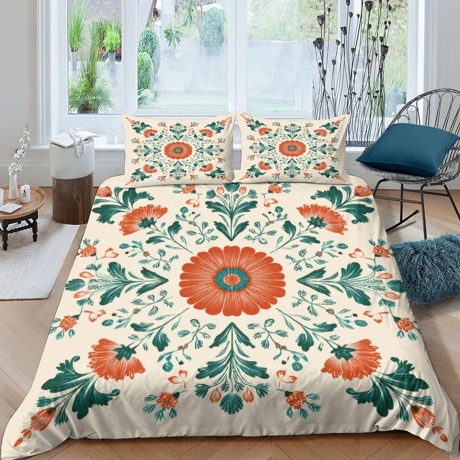 GPLZQXKJNH 3D Printed Bohemian Floral Duvet Cover Microfiber Soft Breathable Mandala Bedding Set with 2 Pillowcases for Bedroom Decor Single（135x200cm）