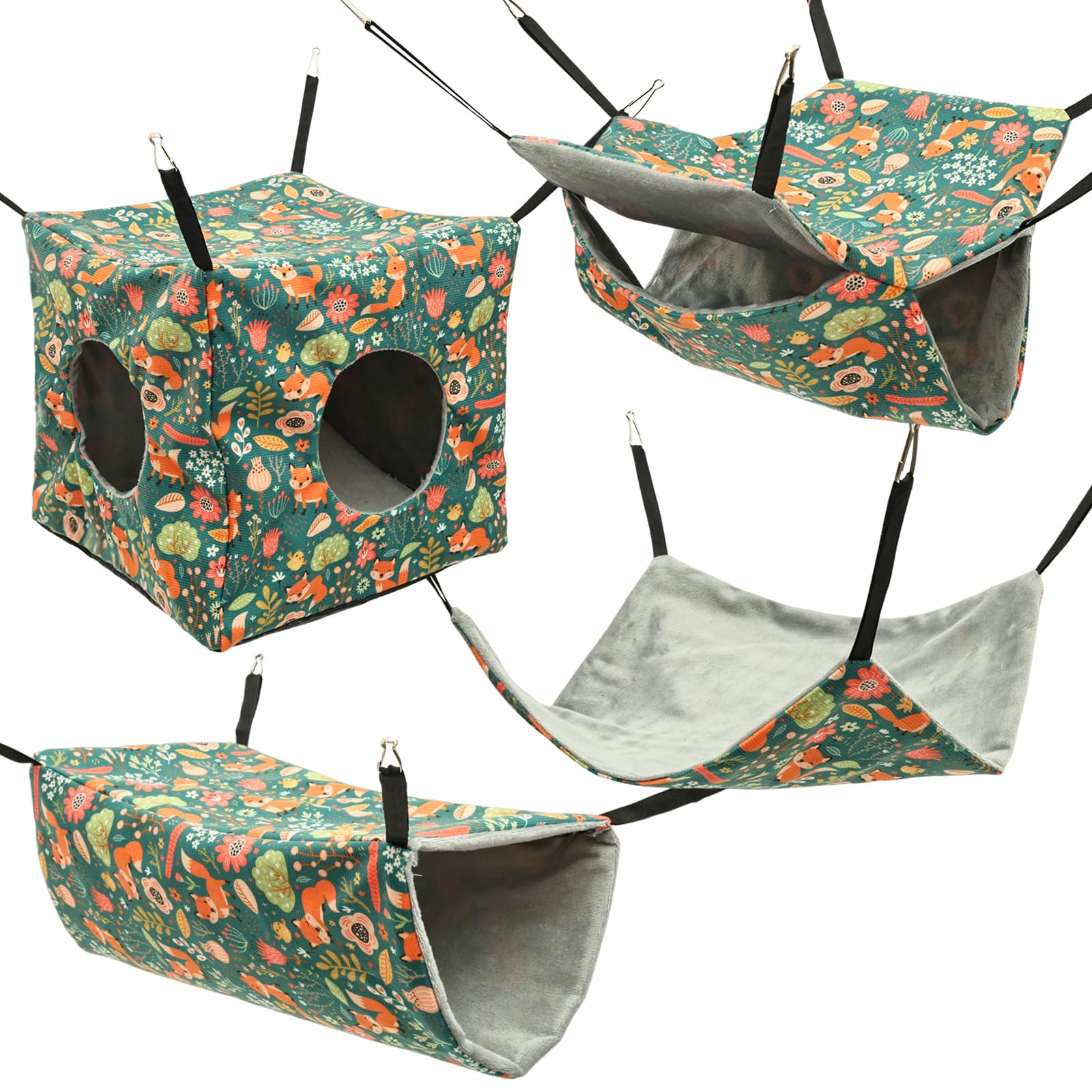 YUEKUNTJ Plush Double-Sided Pet Hanging Hammock Tunnel Bed for Rat Hamster Ferret Guinea Pig Chinchilla Cage Hideout Swing Accessory(green,4-piece set)