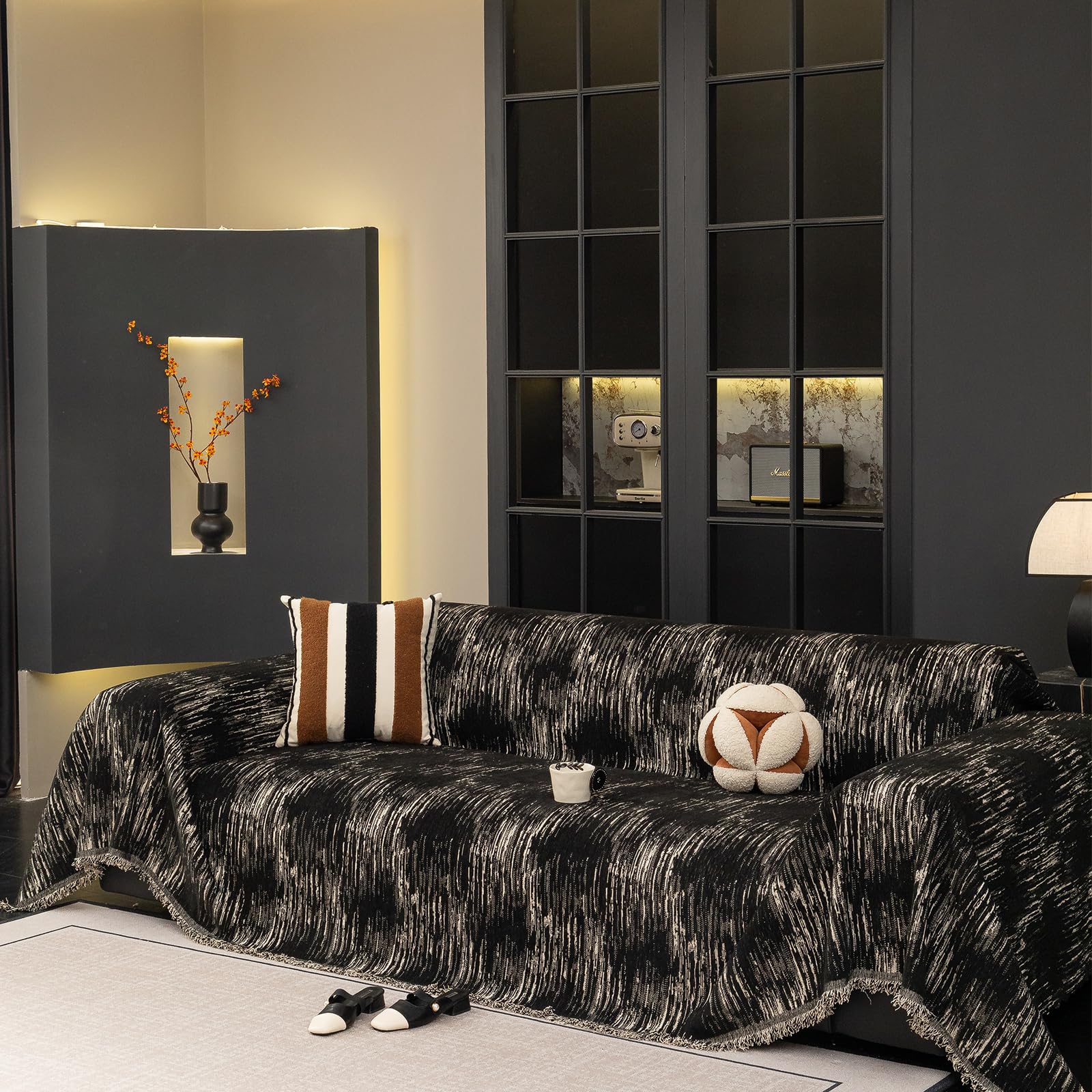 Manta Decorativa para el Hogar Todo el Año para Sofá, Sillón, Cama,Negro,180x420cm