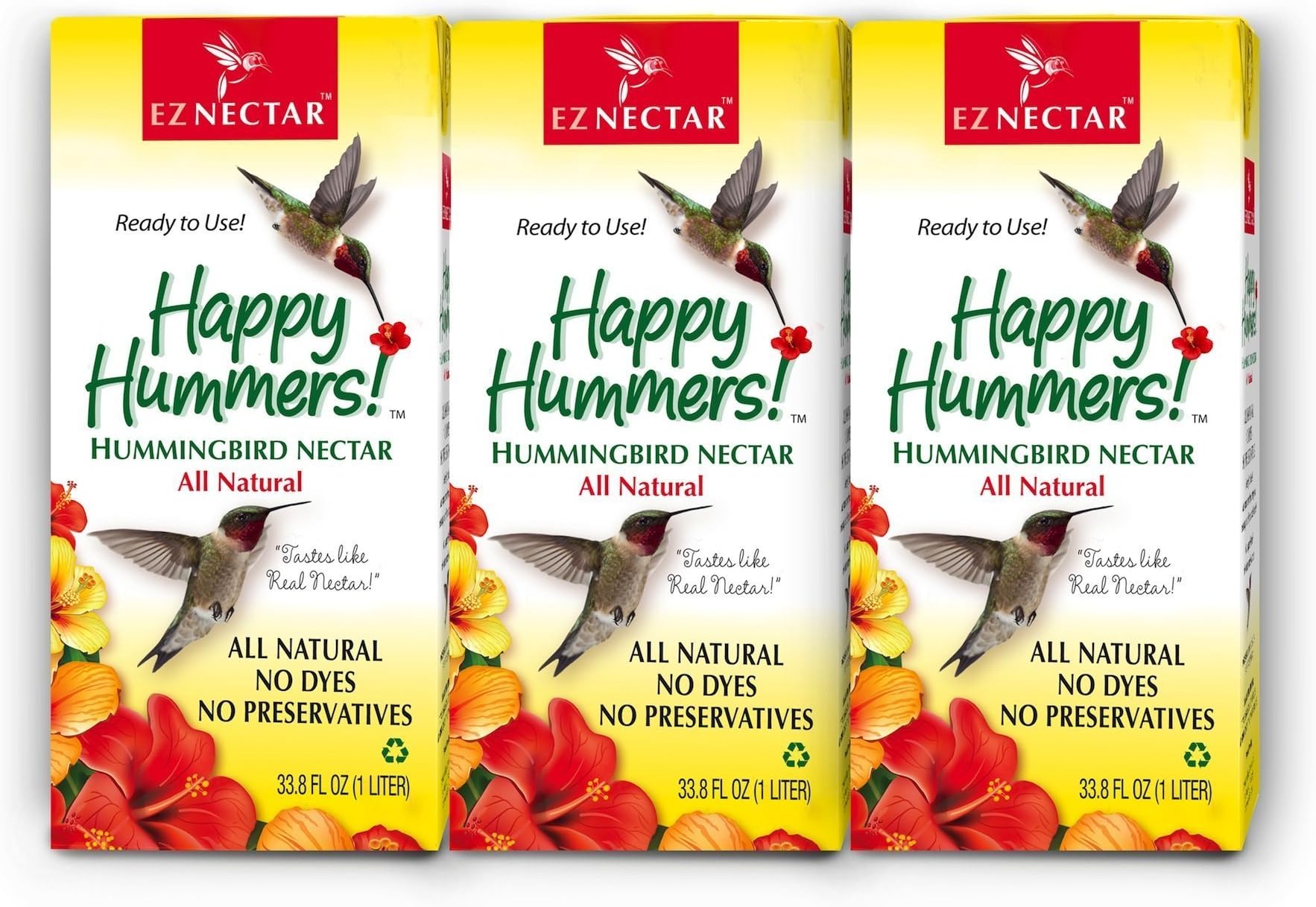EZNectar - The Only Ready-to-Use Hummingbird Nectar "Exactly Like Flower Nectar." Patented, Preservative & Dye Free, Hummingbird Food - Nectar (3 Piece) 101.4 FL OZ TOTAL