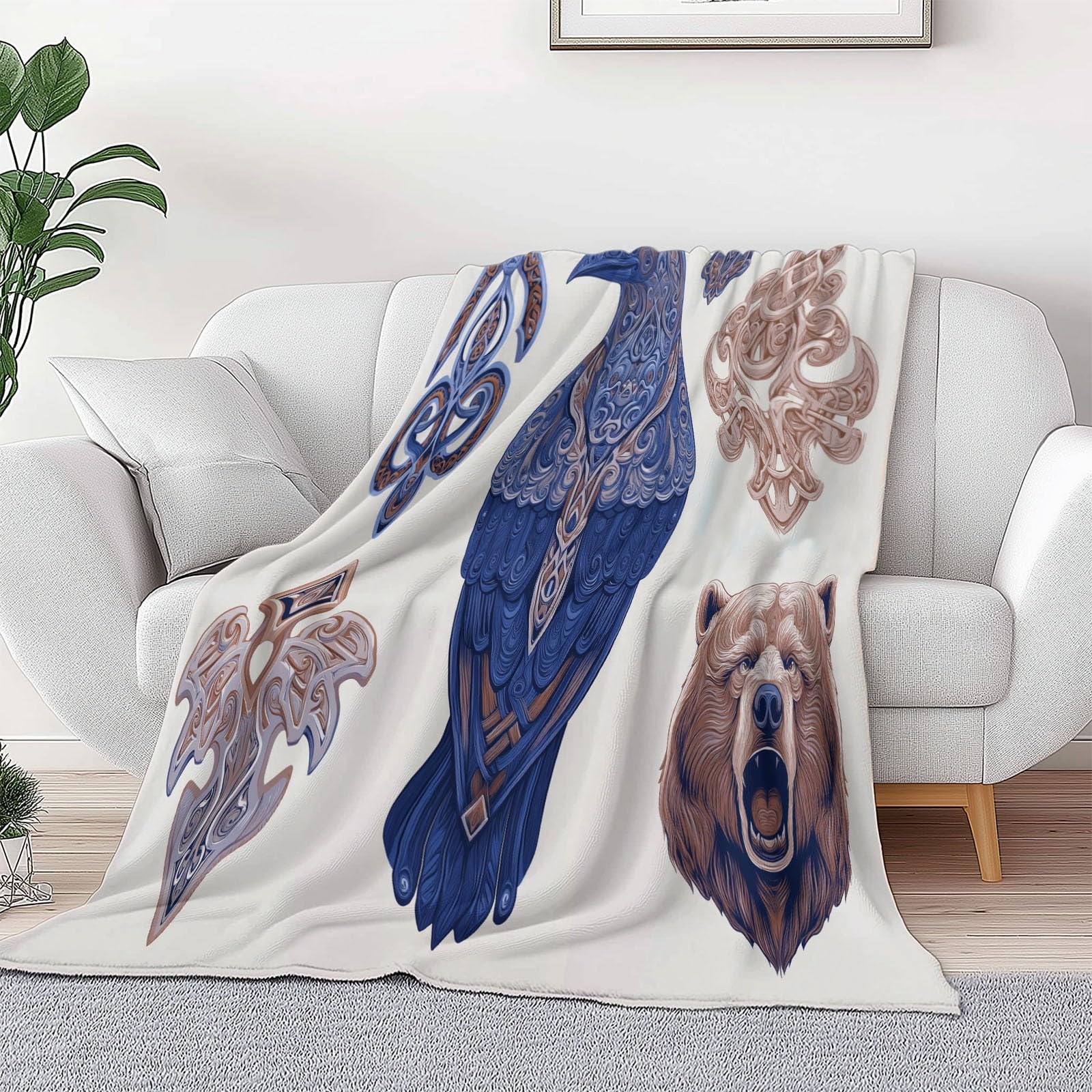 Miękki wielokolorowy koc sherpa 220 x 240 cm dla dzieci i dorosłych, retro tatuaż, runy, wrony, nadruk flanelowy, hipoalergiczny, ciepły koc na łóżko, nadaje się do prania, na sofę, krzesło, do salonu