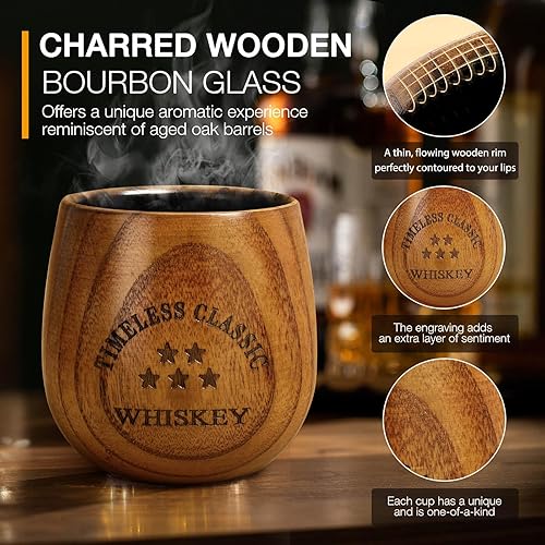 Miniatura 4 de SALUNA Juego de vasos de whisky de madera, vidrio de bourbon de madera carbonizada, vasos de whisky, regalos de bourbon para hombres, papá o hermano
