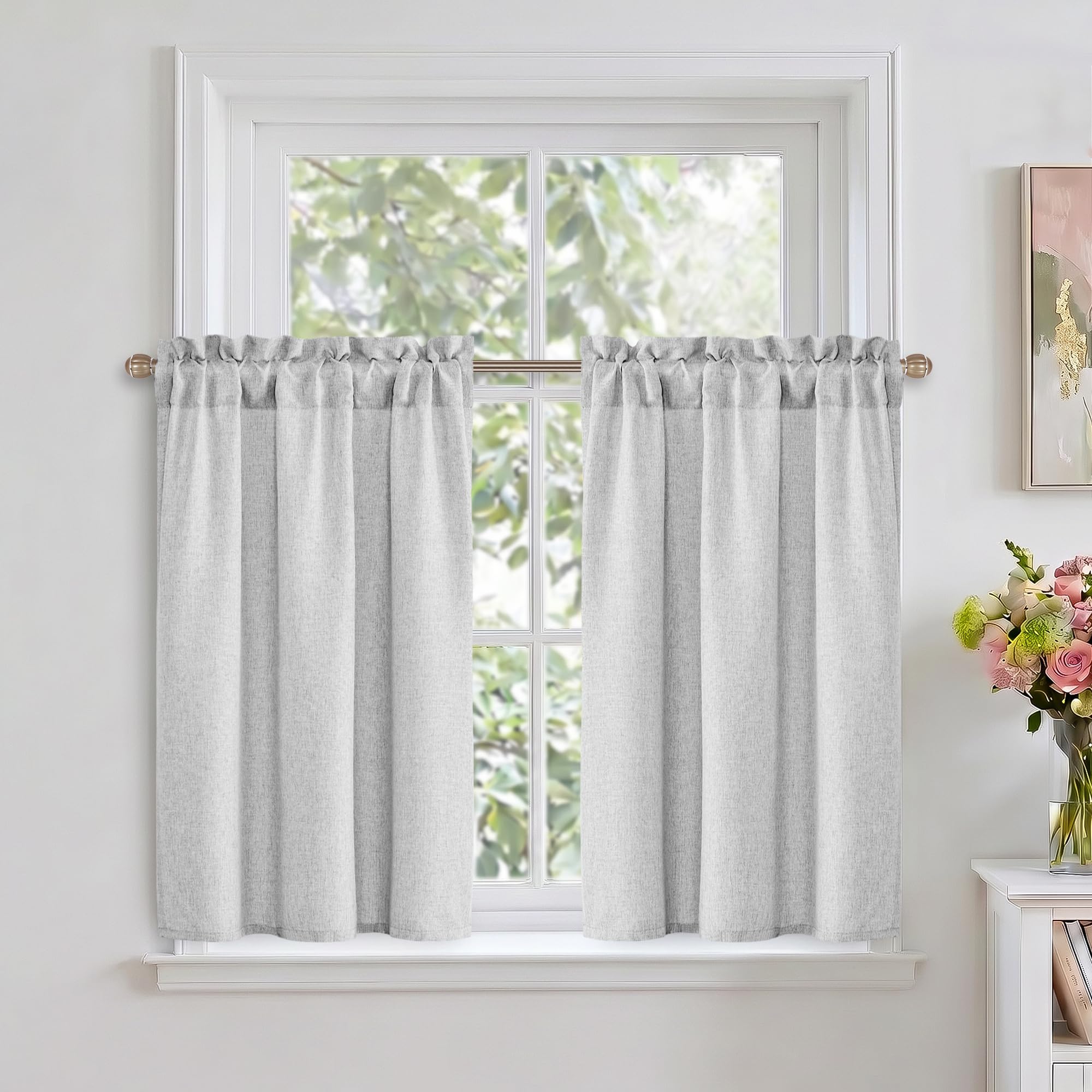 DWCN Light Grey Faux Linen Kitchen Curtains, 36 Inch Drop Cafe Curtains for Small Windows, Solid Colour Short Window Curtain Tiers for Bathroom, Cupboard, Rod Pocket, W 26 x L 36 Inch, 2 Panels