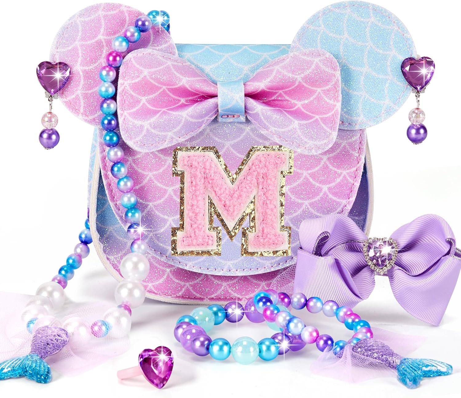 toddler purse gifts for girls, little girl gifts princess dress up jewelry mermaid toys mini mouse ears birthday gifts for girls 3 4 5 6 7 8 year old (m, mermaid purple)