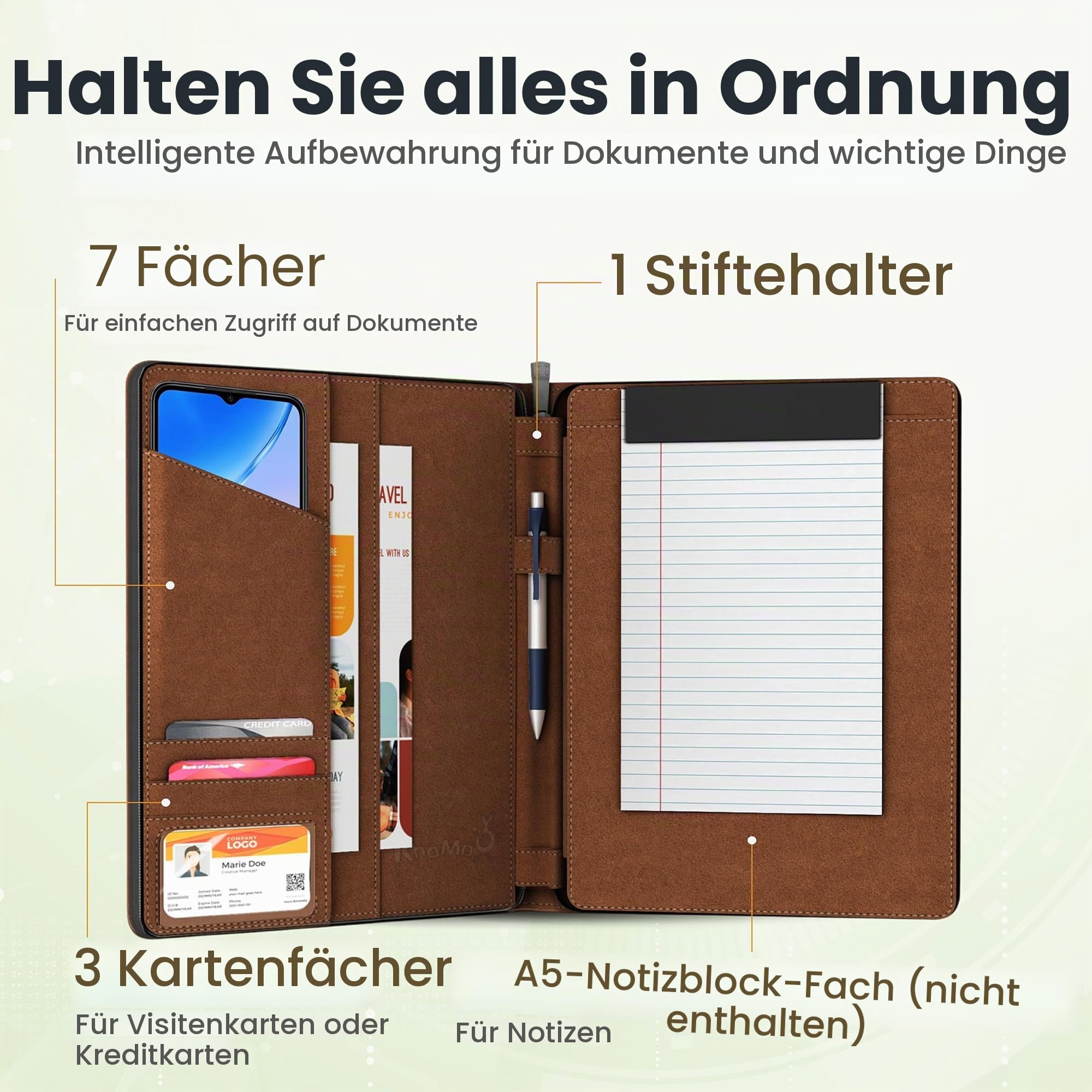 KHOMO Universal Padfolio Case - Portfolio Organizer für Tablet 8,5 bis 11 Zoll - PU Leder Notebook Pad Halter Ordner für iPad, Air, Pro & andere